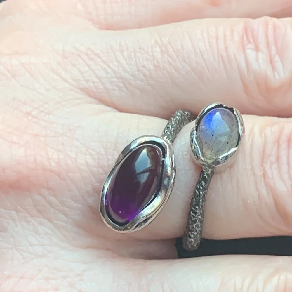 Sterling Double Stone Open Ring with Purple and Iridescent Gemstones - Picture 4 of 8